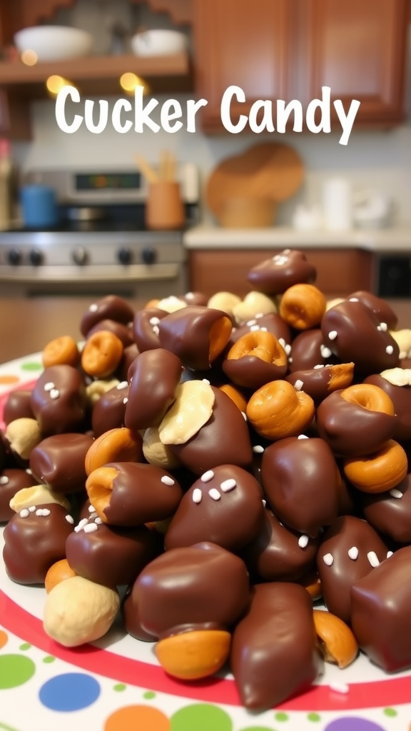 Easy and Irresistible Crockpot Candy Recipe A plate of homemade crockpot candy with chocolate-covered peanuts and pretzels, garnished with sprinkles.
